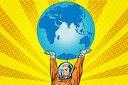 Retro astronaut is holding the planet Earth