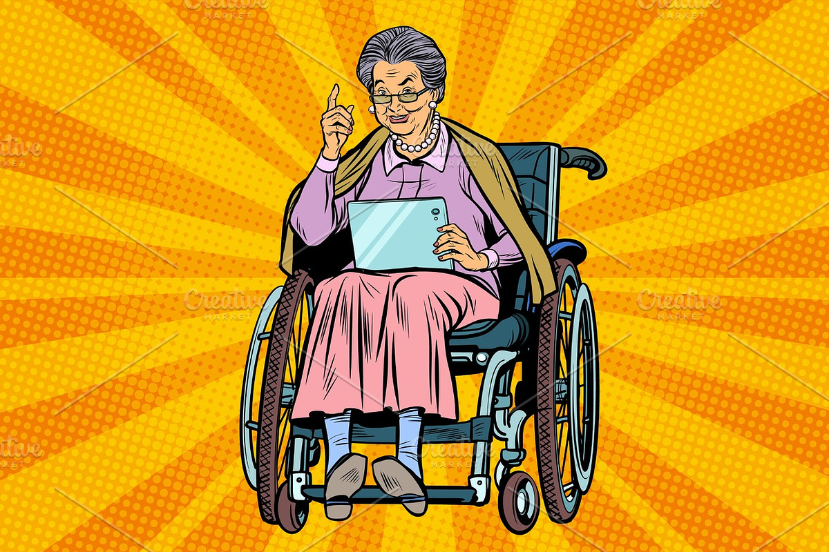 elderly woman disabled person in a wheelchair, gadget tablet in Illustrations - product preview 8