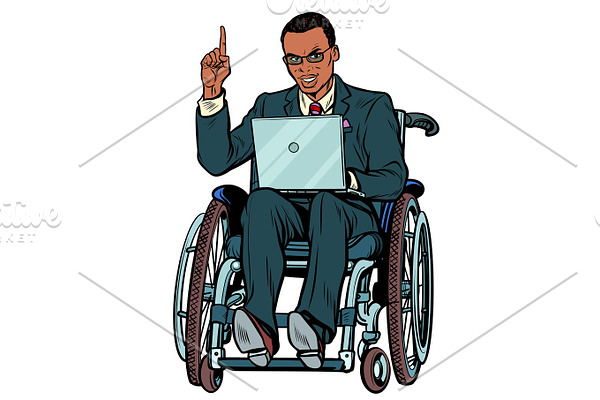African businessman in wheelchair isolated on white background