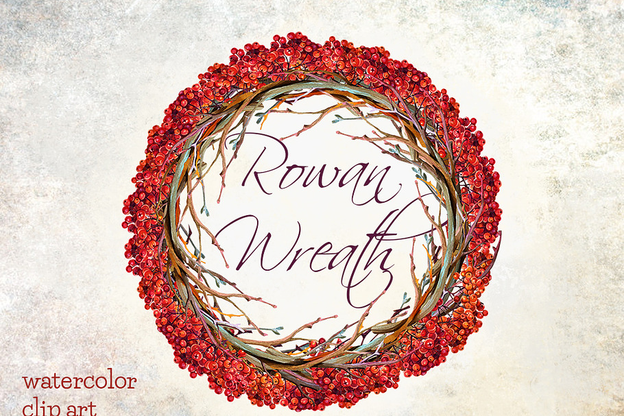 Rowan wreath watercolor clip art in Illustrations - product preview 8