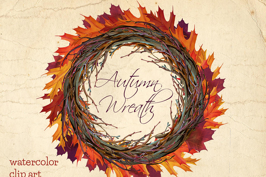 Autumn wreath watercolor clip art in Illustrations - product preview 8