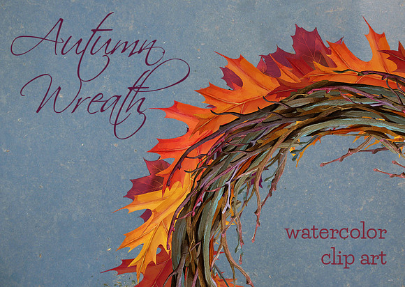 Autumn wreath watercolor clip art in Illustrations - product preview 1