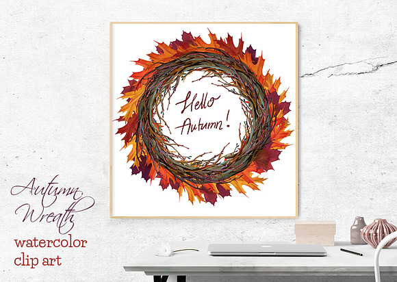Autumn wreath watercolor clip art in Illustrations - product preview 2