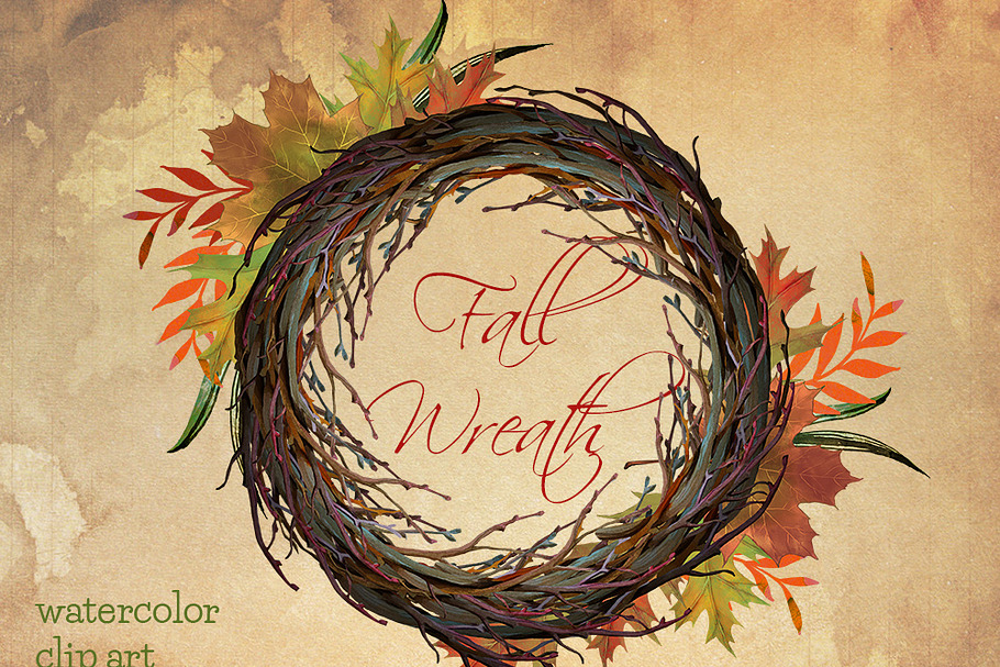 Fall wreath watercolor clip art in Illustrations - product preview 8