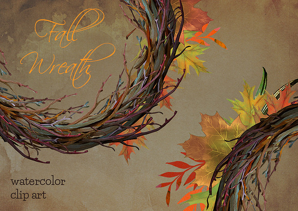 Fall wreath watercolor clip art in Illustrations - product preview 2