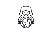 abilities,woman with globe in hands vector line icon, sign, illustration on background, editable strokes
