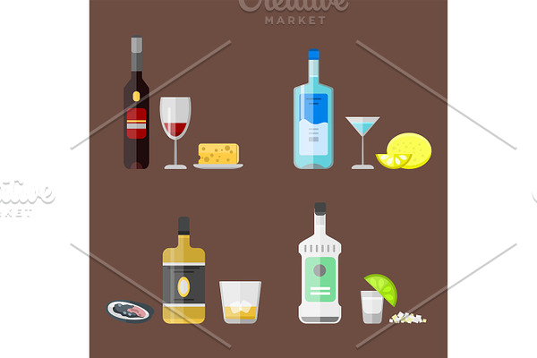 Alcohol drinks beverages cocktail appetizer bottle lager container drunk different snacks glasses vector illustration.