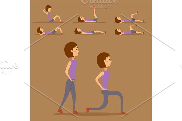 Young woman is exercising at home fitness character workout healthy living and diet concept vector illustration.
