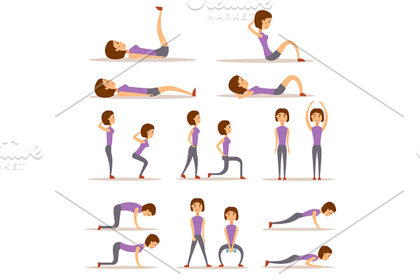 Young woman is exercising at home fitness character workout healthy living and diet concept vector illustration.