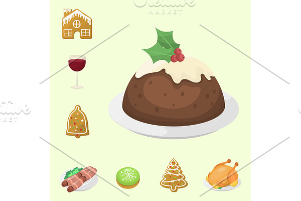 Traditional christmas food and desserts holiday decoration xmas sweet celebration meal vector illustration.
