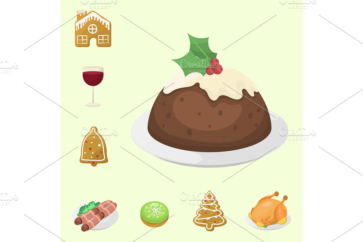 Traditional christmas food and desserts holiday decoration xmas sweet celebration meal vector illustration. in Illustrations - product preview 8