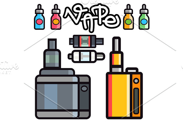 Vape device vector set cigarette vaporizer vapor juice bottle flavor illustration battery coil.