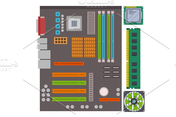 Computer IC chip template microchip on detailed printed circuit board design abstract background vector illustration.