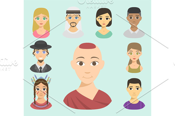 Cool avatars different nations people portraits ethnicity different skin tones ethnic affiliation and hair styles vector illustration.