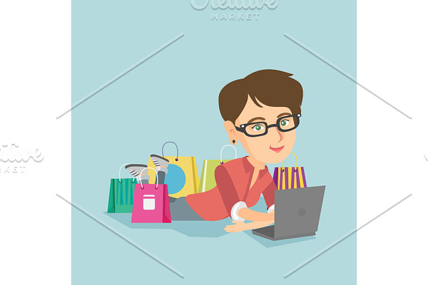 Young caucasian woman doing online shopping.