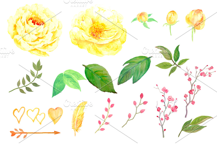 Wedding Watercolor Yellow Peony in Illustrations - product preview 8