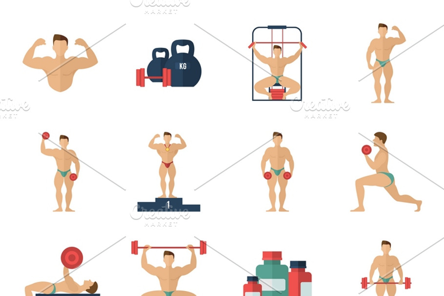 Bodybuilding fitness gym icons set