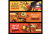 Vector music concert banners sketch instruments