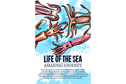Vector sea life poster of undewater sketch animals