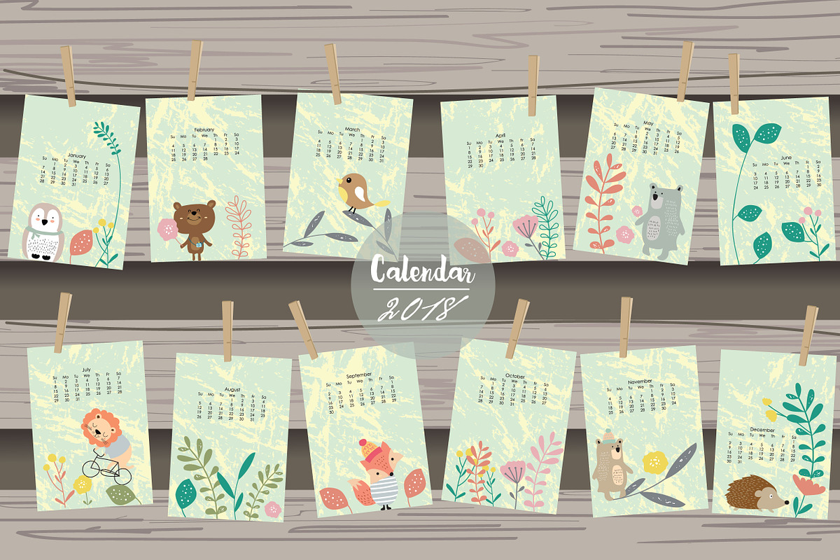 Calendar 2018 with cute animal 4# in Card Templates - product preview 8