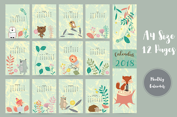 Calendar 2018 with cute animal 4# in Card Templates - product preview 1