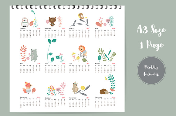 Calendar 2018 with cute animal 4# in Card Templates - product preview 2