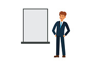 businessman looking at blank board cartoon flat vector illustration concept on isolated white background