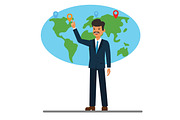 businessman pointing at global world map cartoon flat vector illustration concept on isolated white background