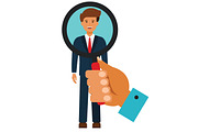 businessman search with magnifying glass cartoon flat vector illustration concept on isolated white background