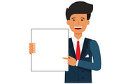 businessman showing blank document cartoon flat vector illustration concept on isolated white background