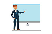 Businessman showing presentation board cartoon flat vector illustration concept on isolated white background