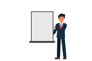 businessman showing white presentation board cartoon flat vector illustration concept on isolated white background