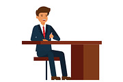 businessman sitting on office table  cartoon flat vector illustration concept on isolated white background
