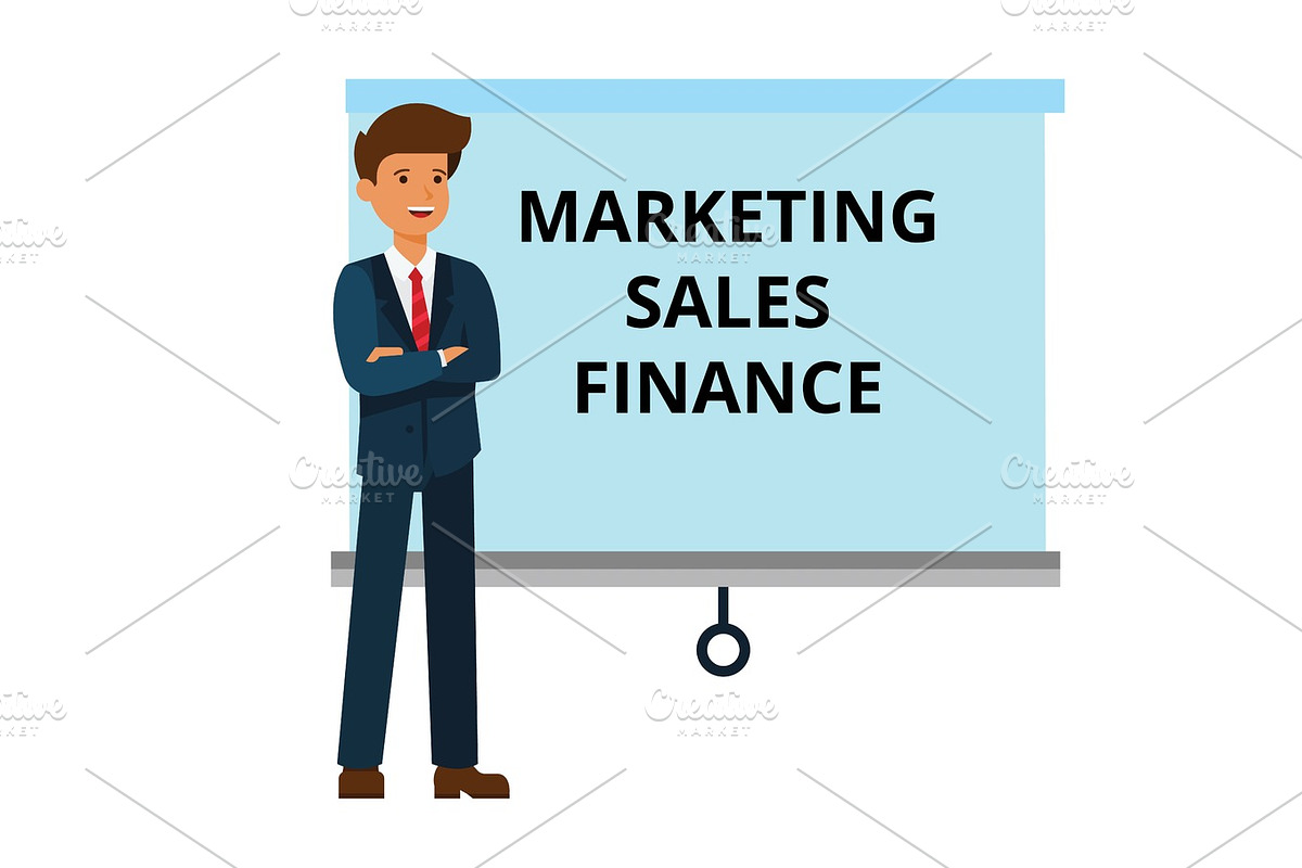 businessman with marketing, finance, sales presentation cartoon flat vector illustration concept on isolated white background in Illustrations - product preview 8