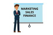 businessman with marketing, finance, sales presentation cartoon flat vector illustration concept on isolated white background