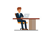 Businessman working at desk at notebook cartoon flat vector illustration concept on isolated white background