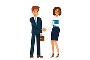businesswoman and businessman standing together and shaking hands cartoon flat vector illustration concept on isolated white background