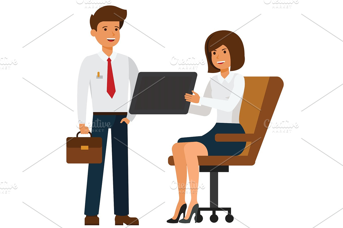businesswoman showing tablet to manager cartoon flat vector illustration concept on isolated white background in Illustrations - product preview 8