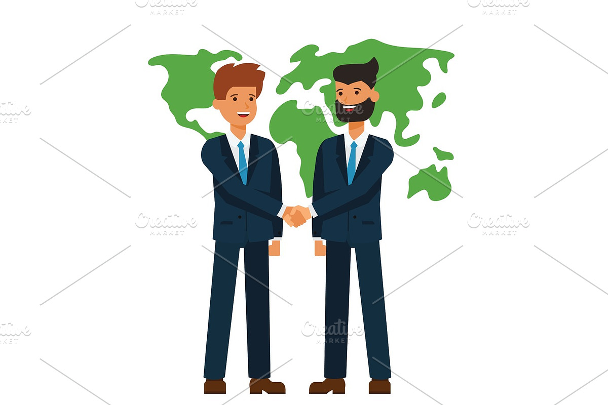 global partnership, businessmen shaking hands  cartoon flat vector illustration concept on isolated white background in Illustrations - product preview 8
