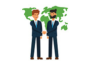 global partnership, businessmen shaking hands  cartoon flat vector illustration concept on isolated white background