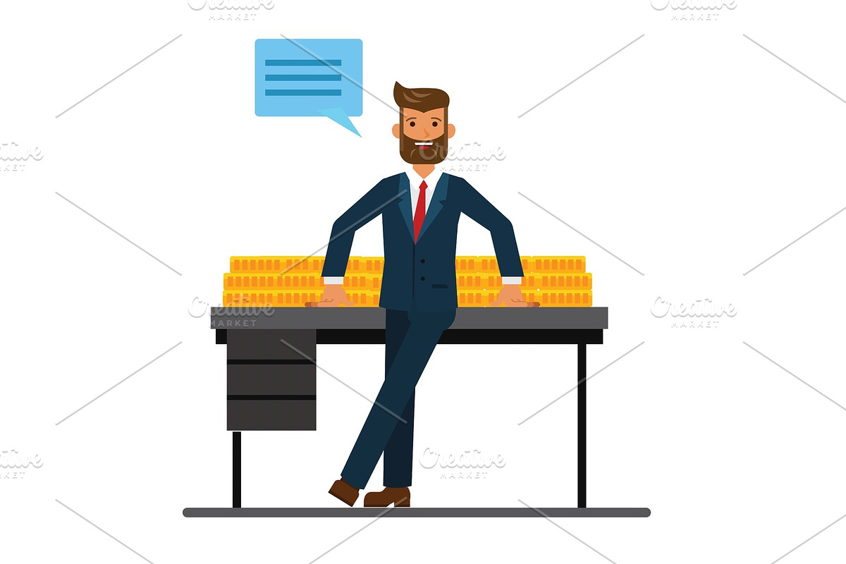 rich businessman in bank office with money cartoon flat vector illustration concept on isolated white background in Illustrations - product preview 8