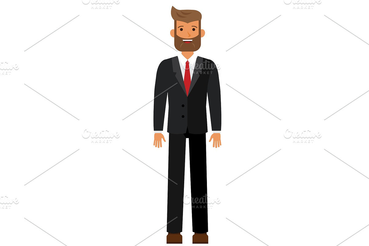 standing bearded businesman in black suti cartoon flat vector illustration concept on isolated white background in Illustrations - product preview 8