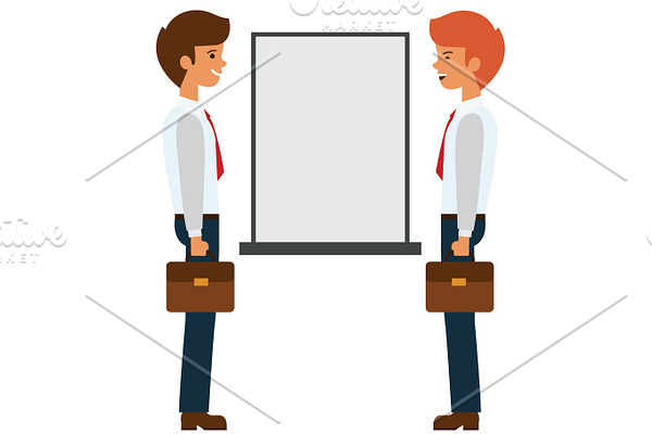 two businessmen talking near presentation board cartoon flat vector illustration concept on isolated white background