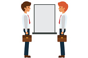 two businessmen talking near presentation board cartoon flat vector illustration concept on isolated white background