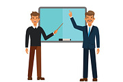 young student and professor standing with a pointer cartoon flat vector illustration concept on isolated white background