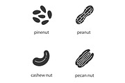 Nuts types glyph icons set