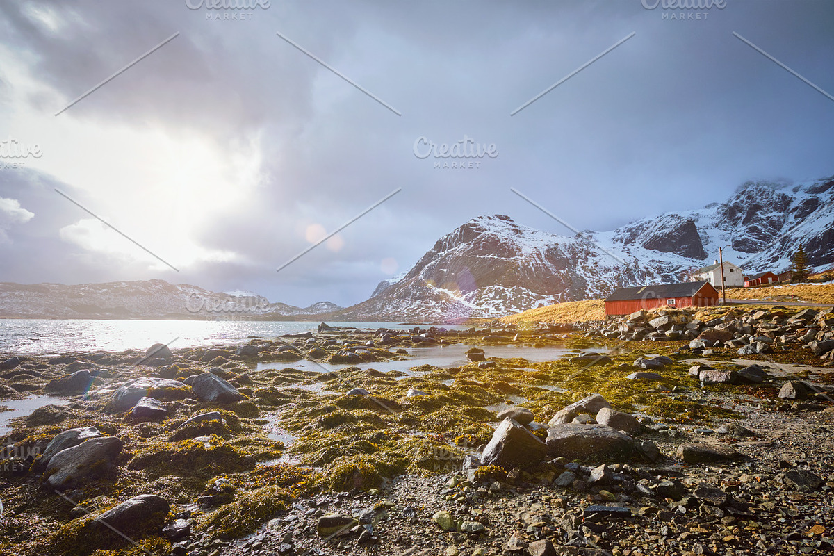 Red rorbu house and fjord in Norway in Graphics - product preview 8