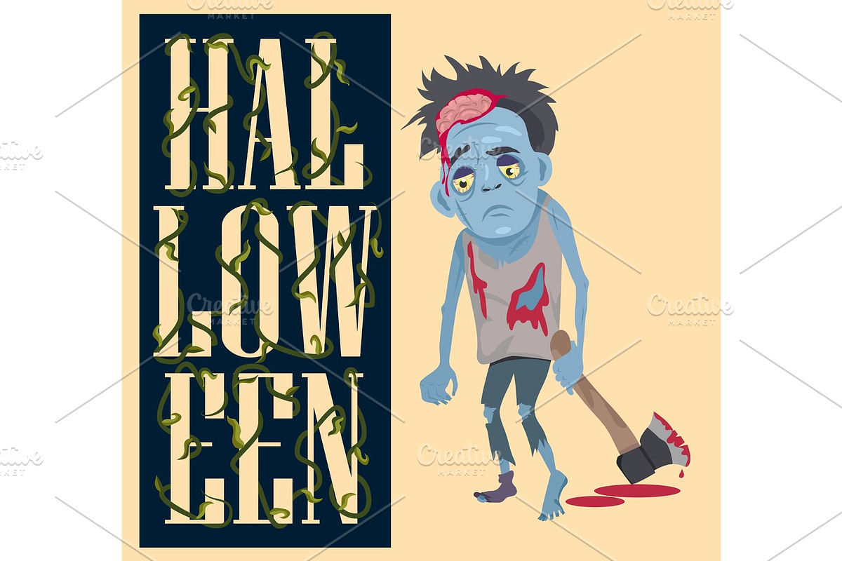 Halloween Poster with Scary Monster with Bloody Ax in Objects - product preview 8