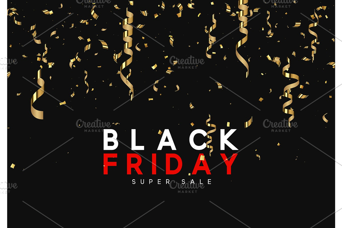 Black Friday super sale. Design of golden confetti and serpentine on black background. in Objects - product preview 8