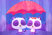 Cute pandas under umbrella